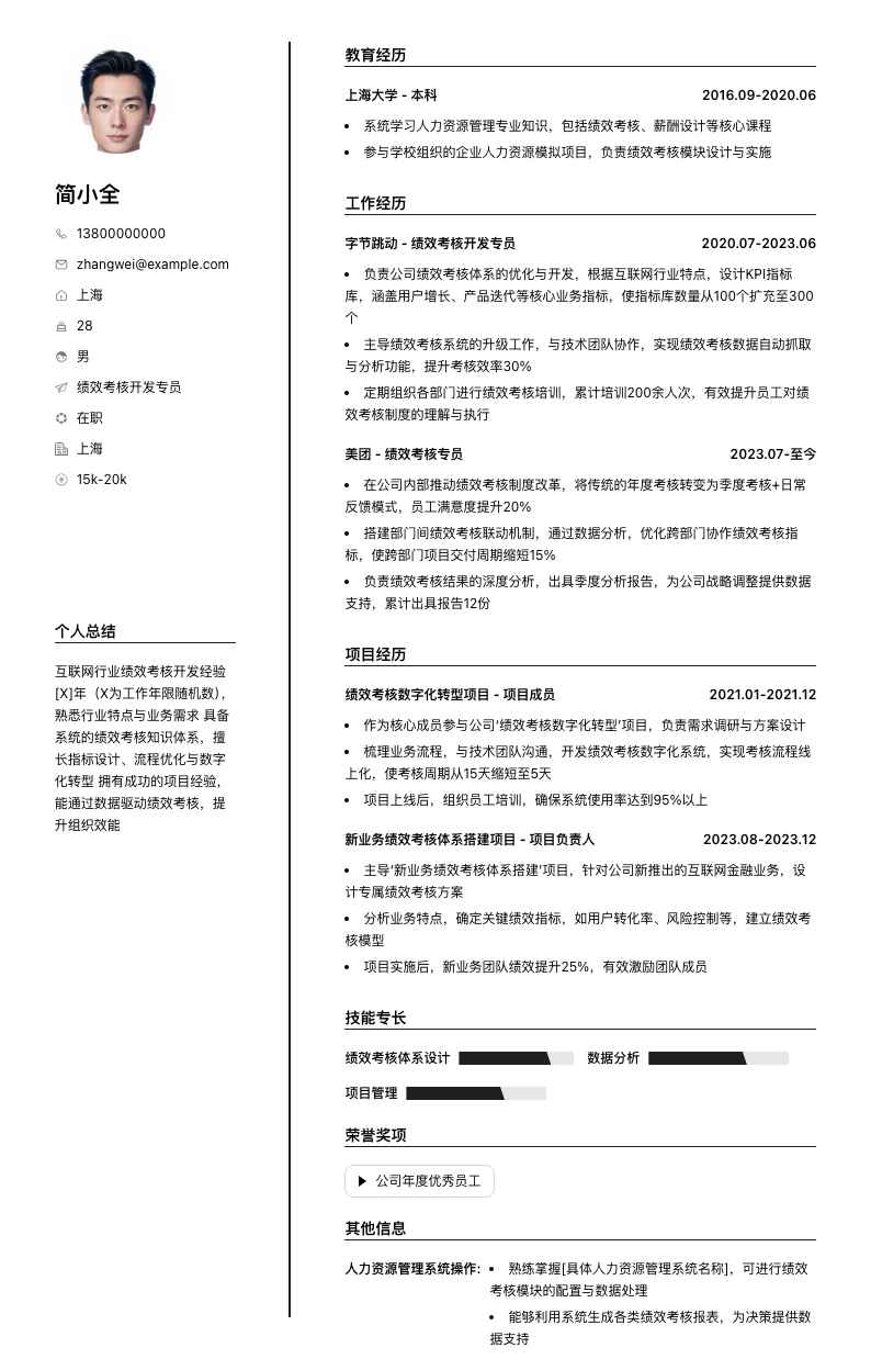 绩效考核简历模板