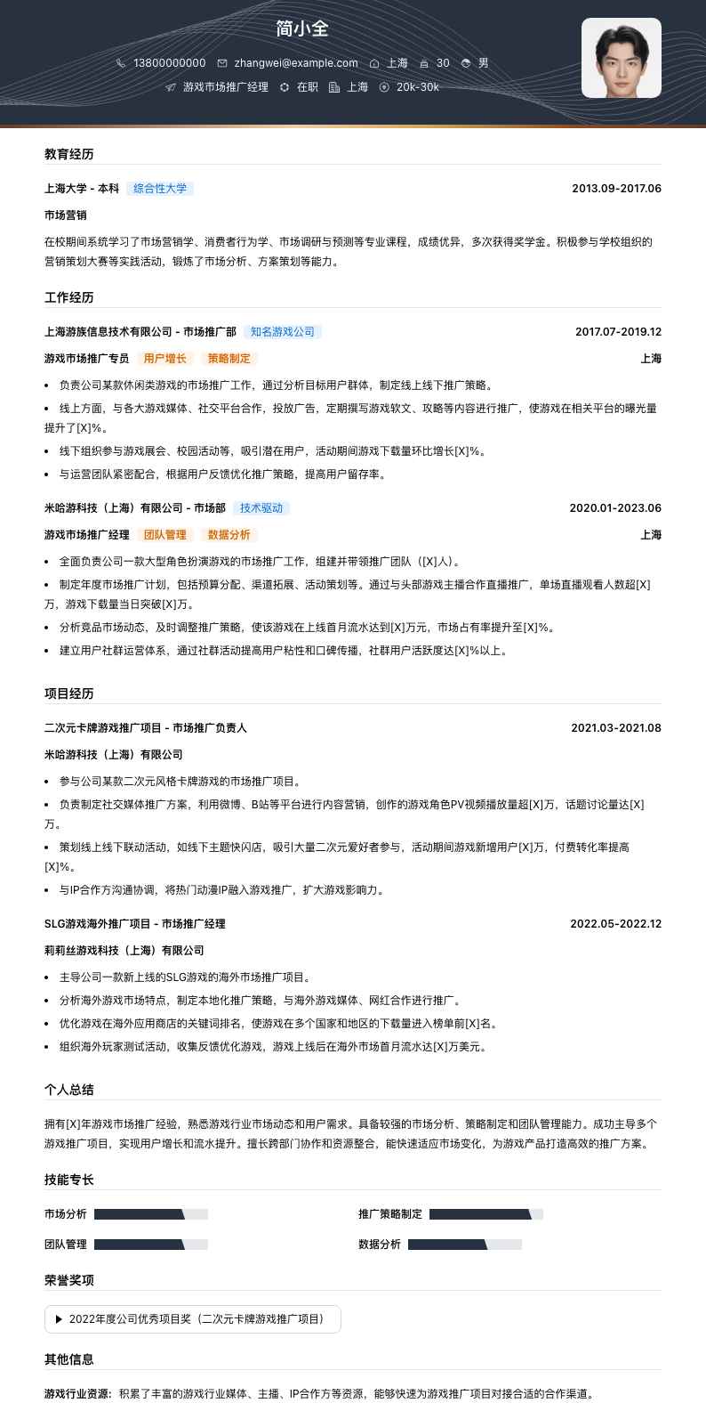 游戏市场推广经理简历模板