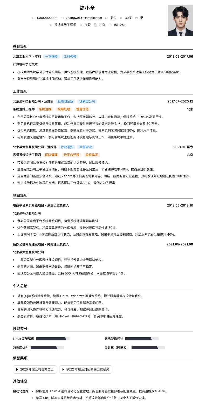 系统运维工程师简历模板