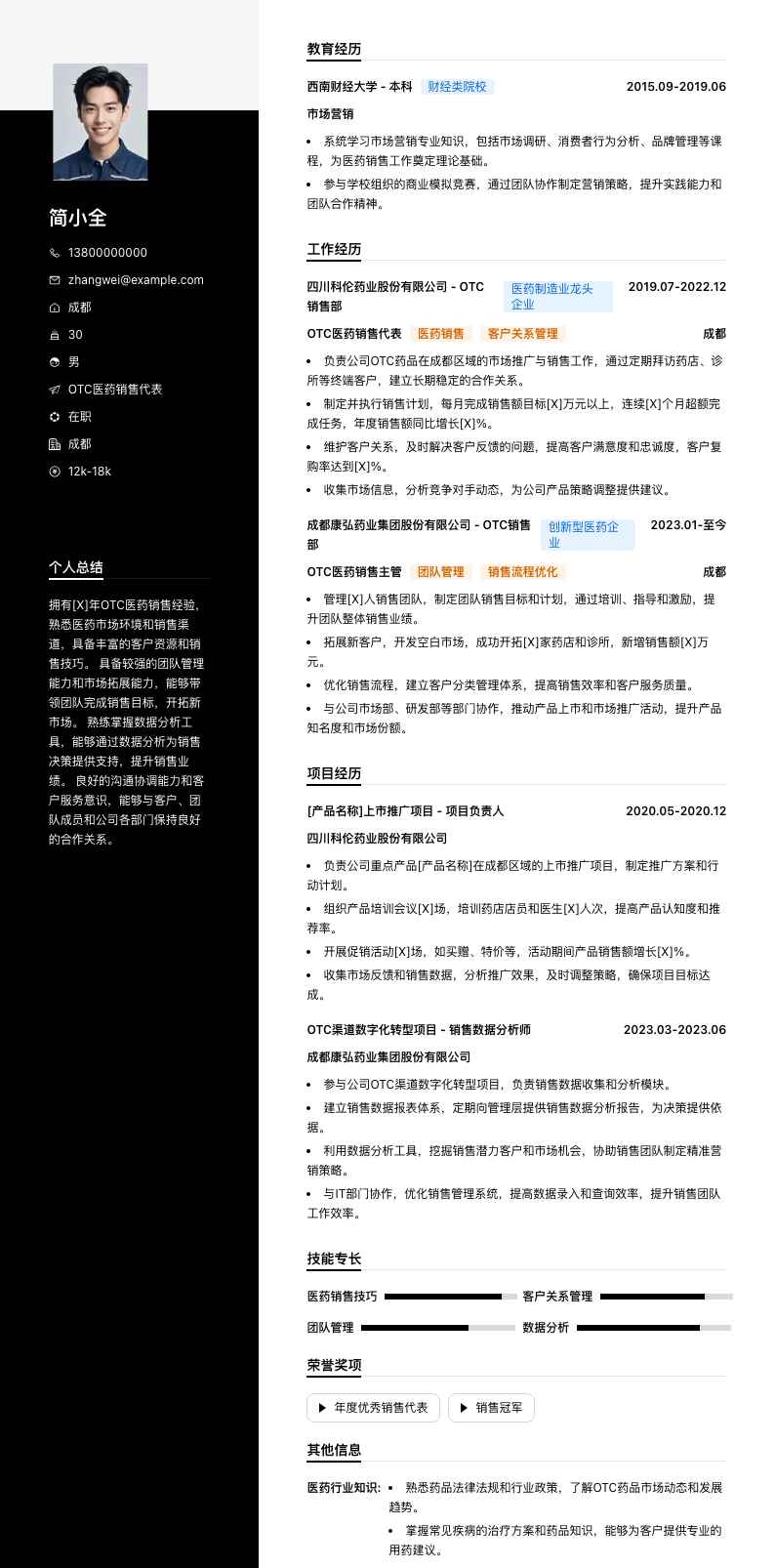 otc医药销售代表简历模板