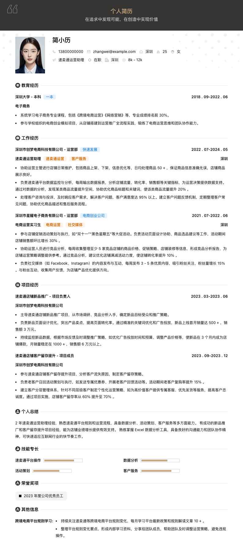 速卖通运营助理简历模板