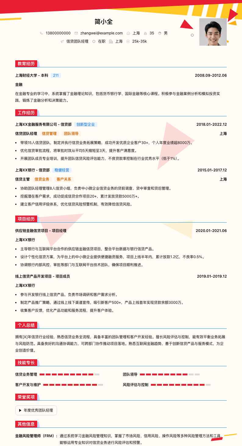 信贷团队经理简历模板