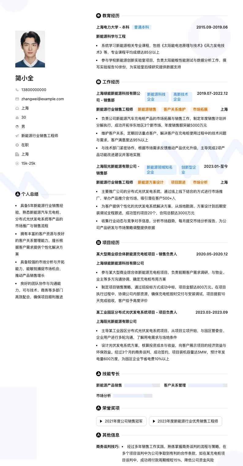 新能源行业销售工程师简历模板