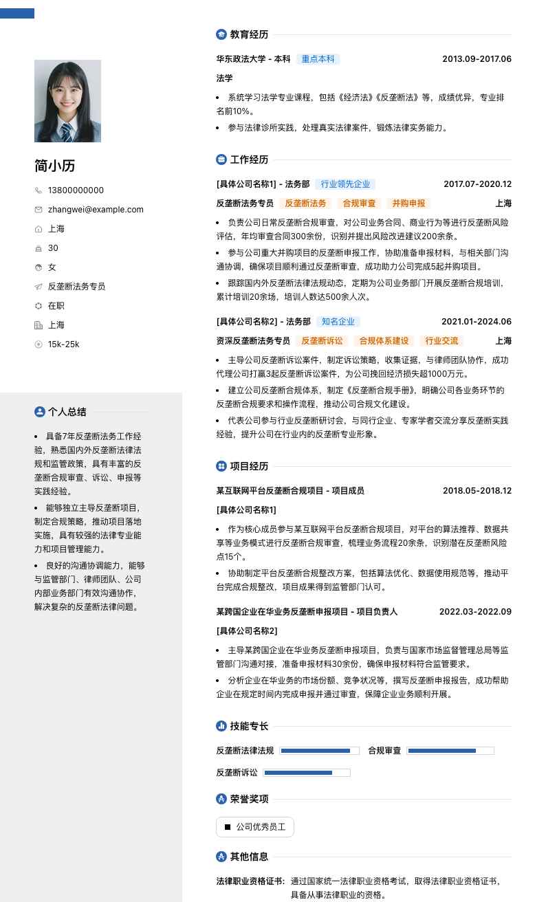 反垄断法务专员简历模板