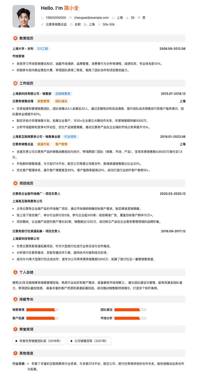 云票务销售总监简历模板