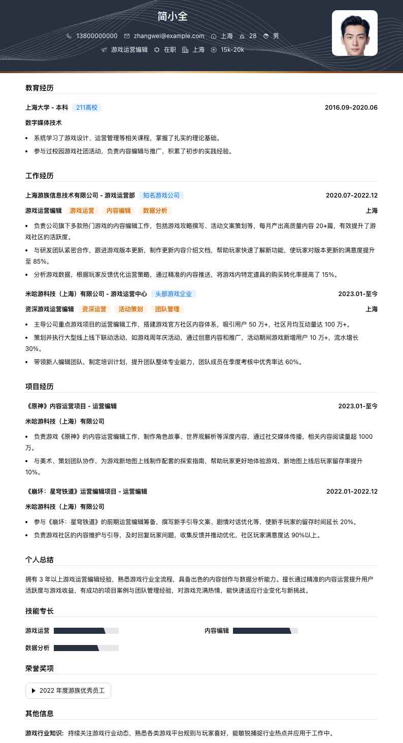游戏运营编辑简历模板
