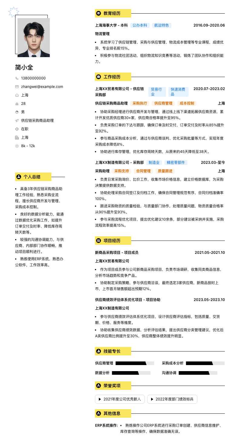 供应链采购商品助理简历模板