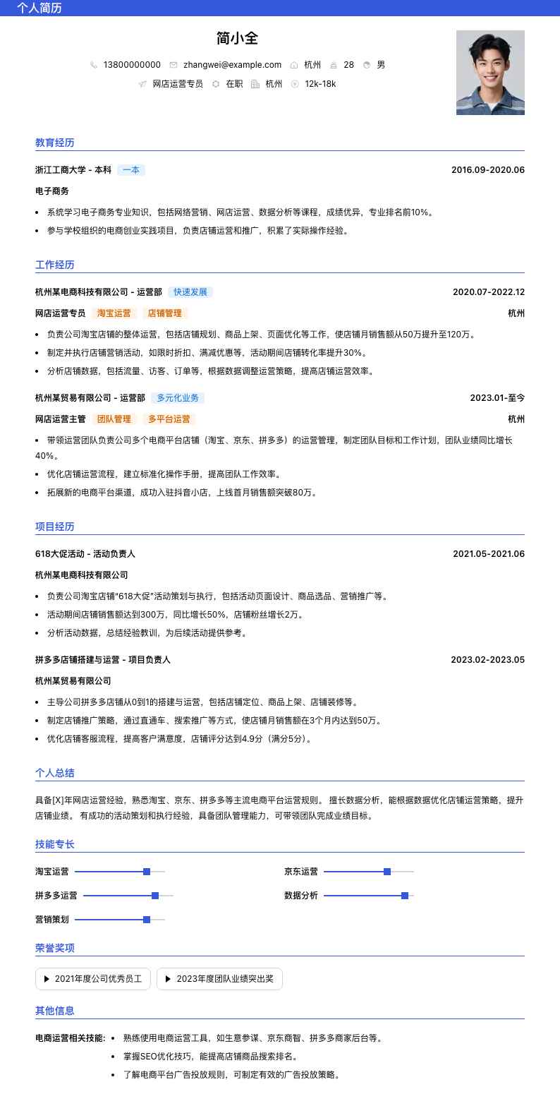 网店运营专员简历模板