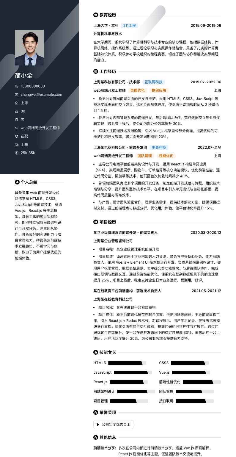 web前端高级开发工程师简历模板