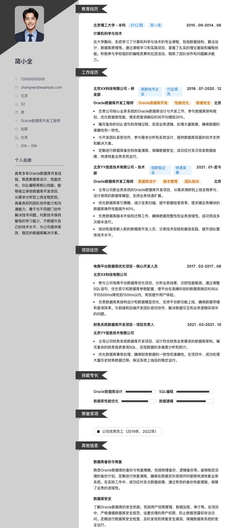 Oracle数据库开发工程师简历模板