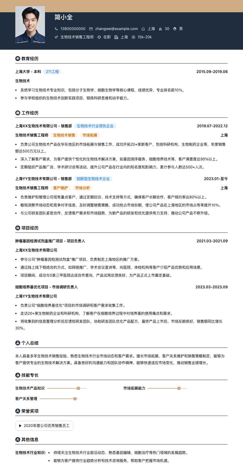 生物技术销售工程师简历模板
