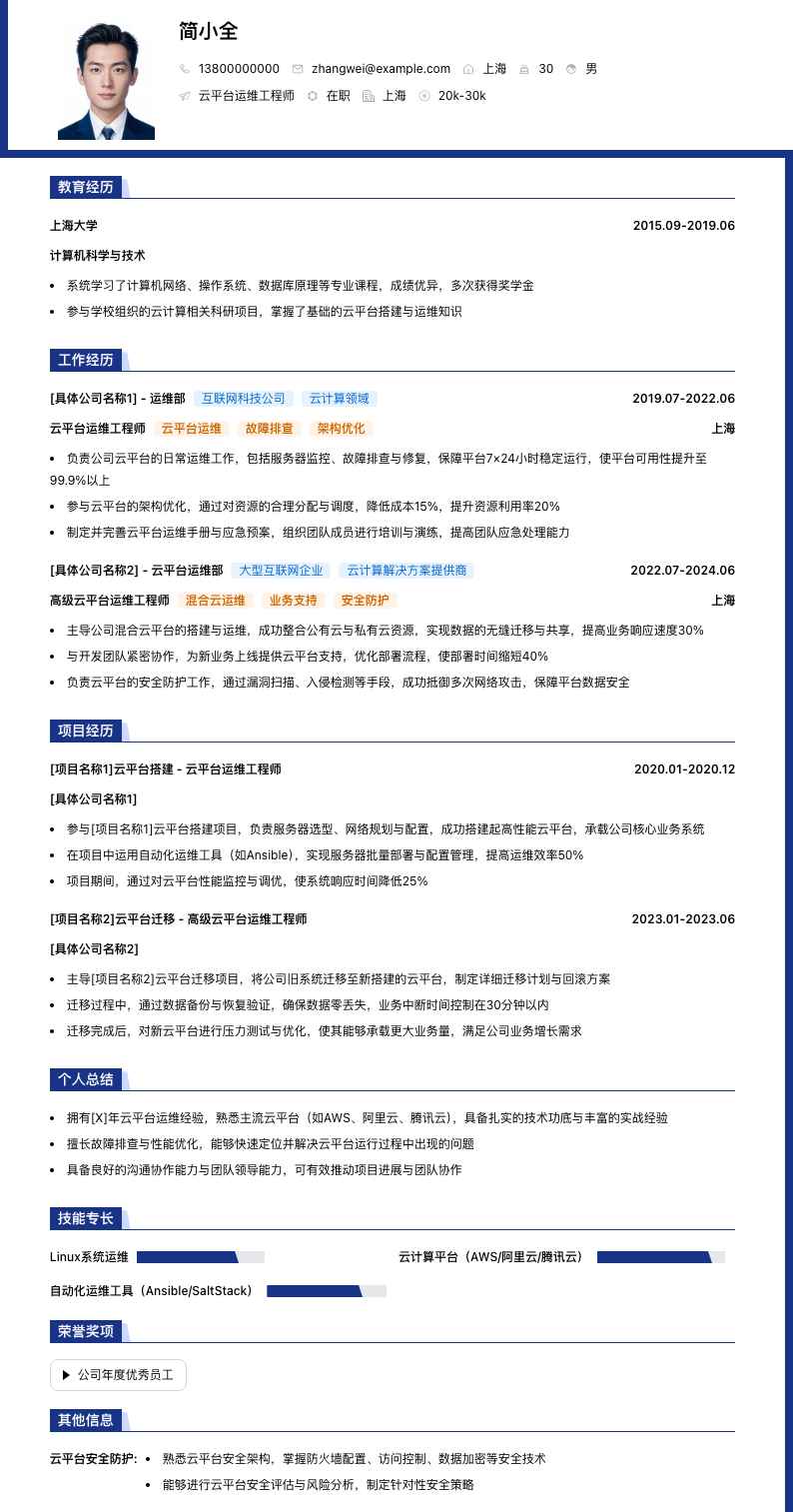 云平台运维工程师简历模板