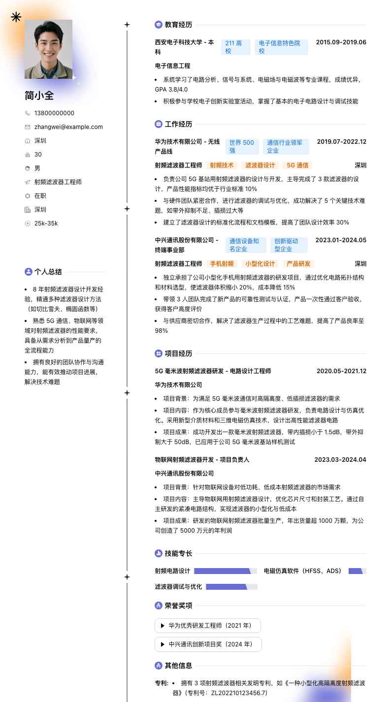 射频滤波器工程师简历模板