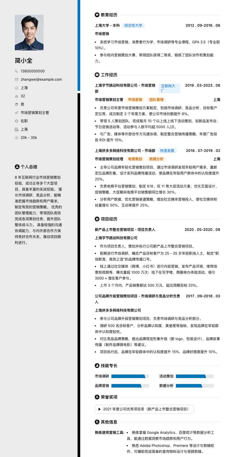 市场营销策划主管简历模板