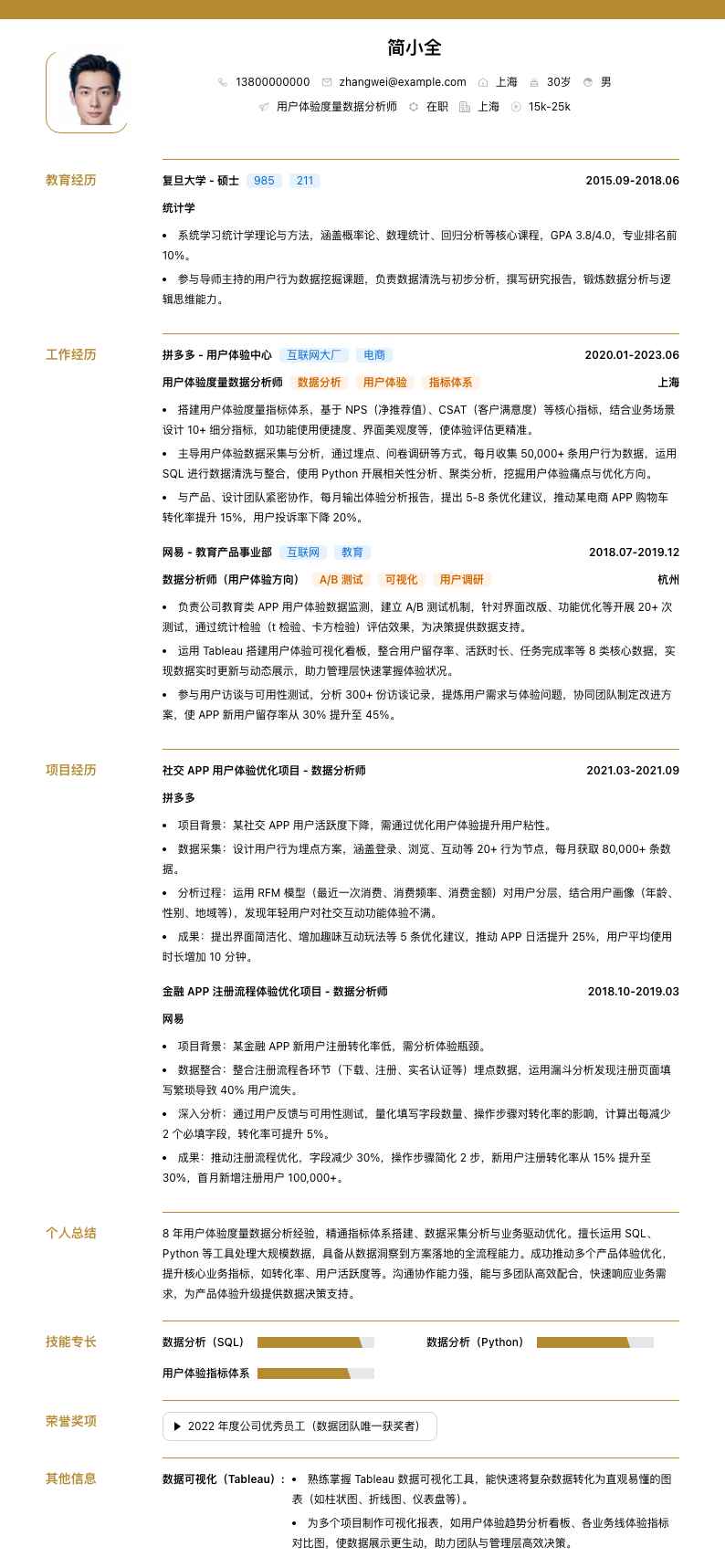 用户体验度量数据分析师简历模板