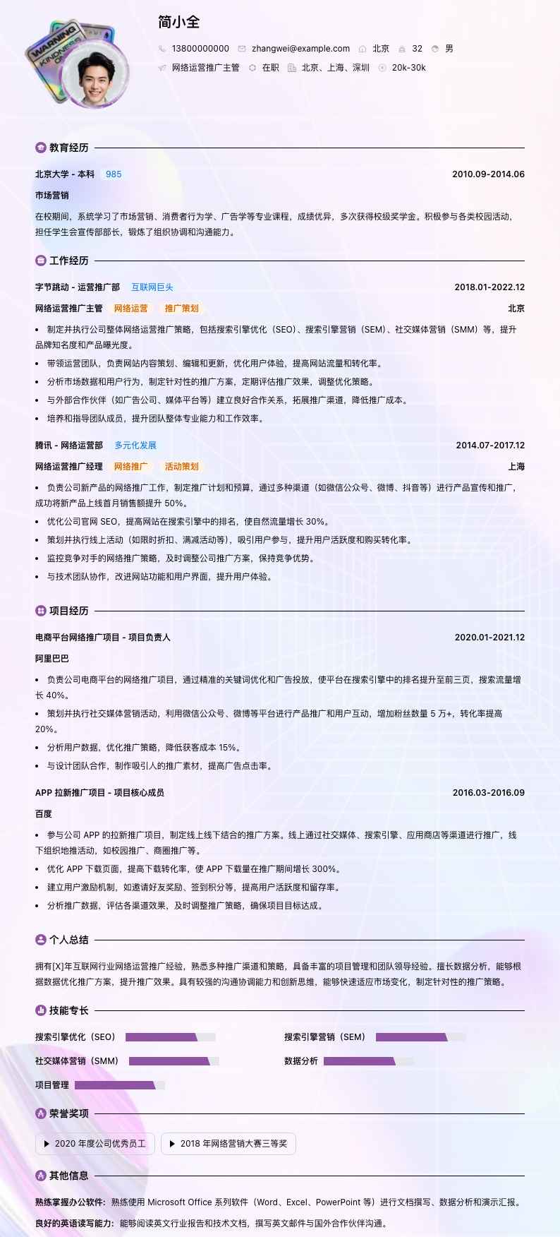网络运营推广主管简历模板