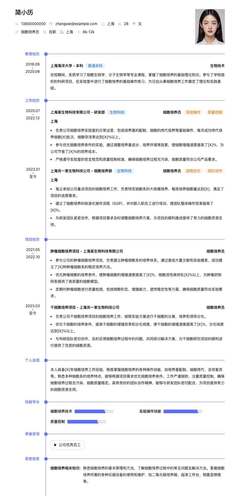 细胞培养员简历模板