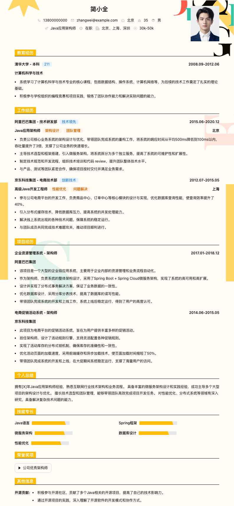 java应用架构师简历模板