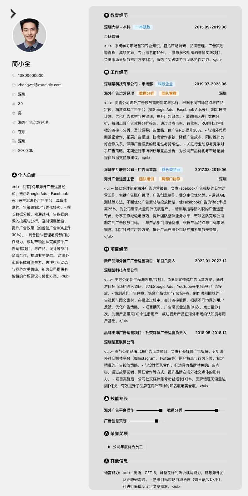 海外广告运营经理简历模板