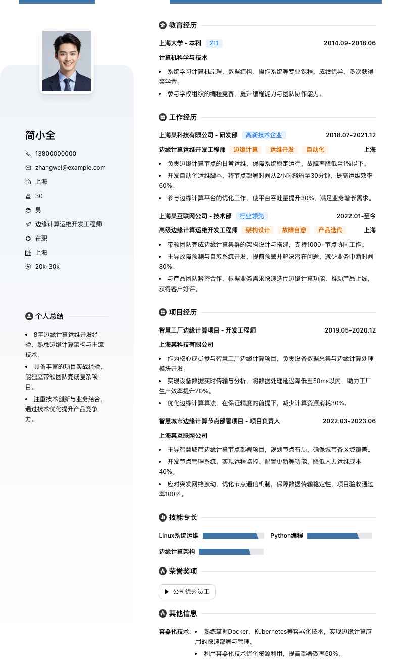 边缘计算运维开发工程师简历模板