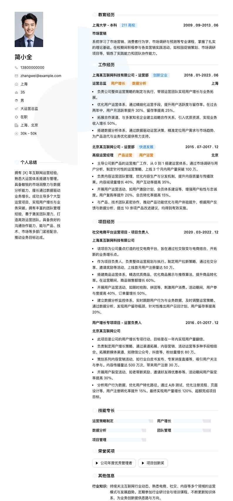 大运营总监简历模板