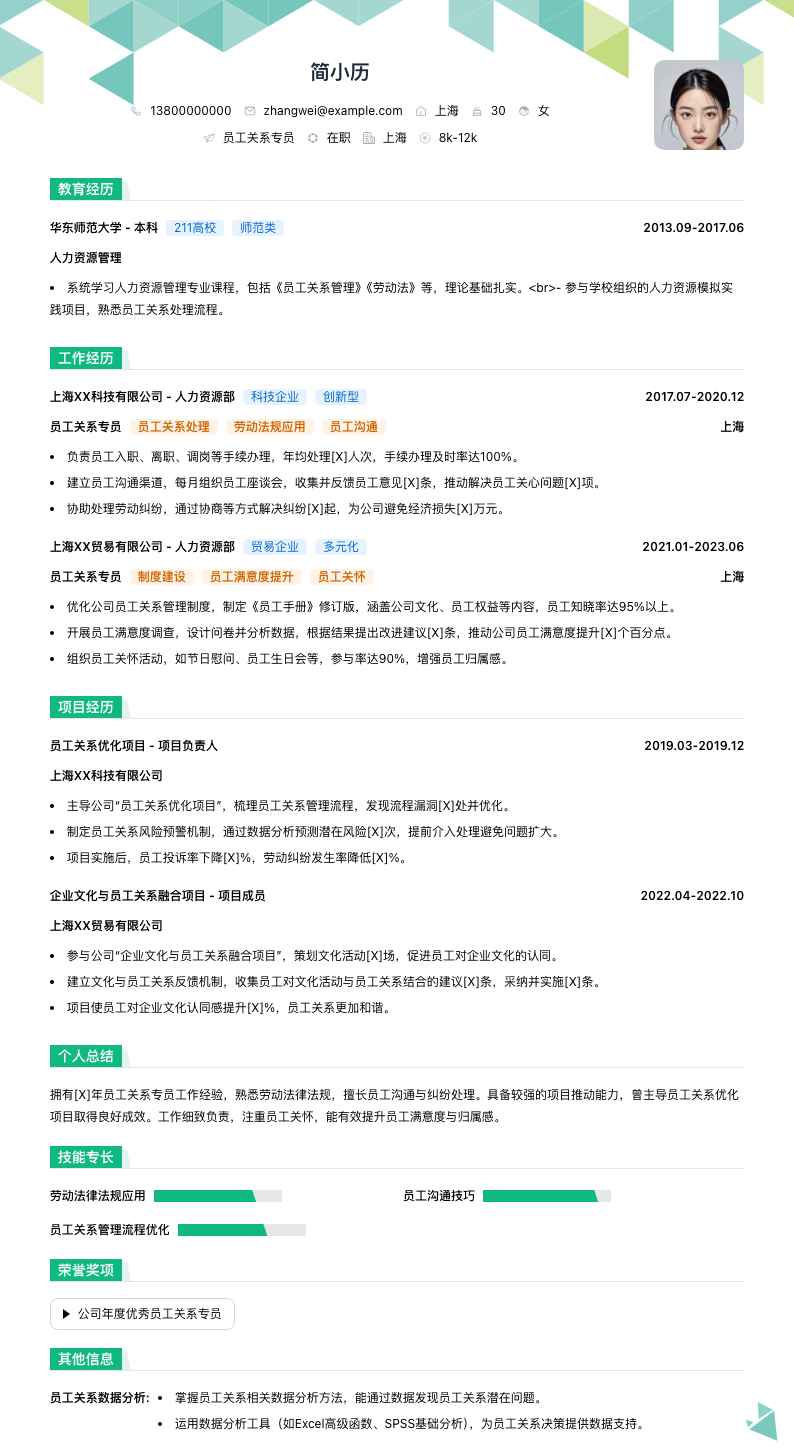 员工关系专员简历模板