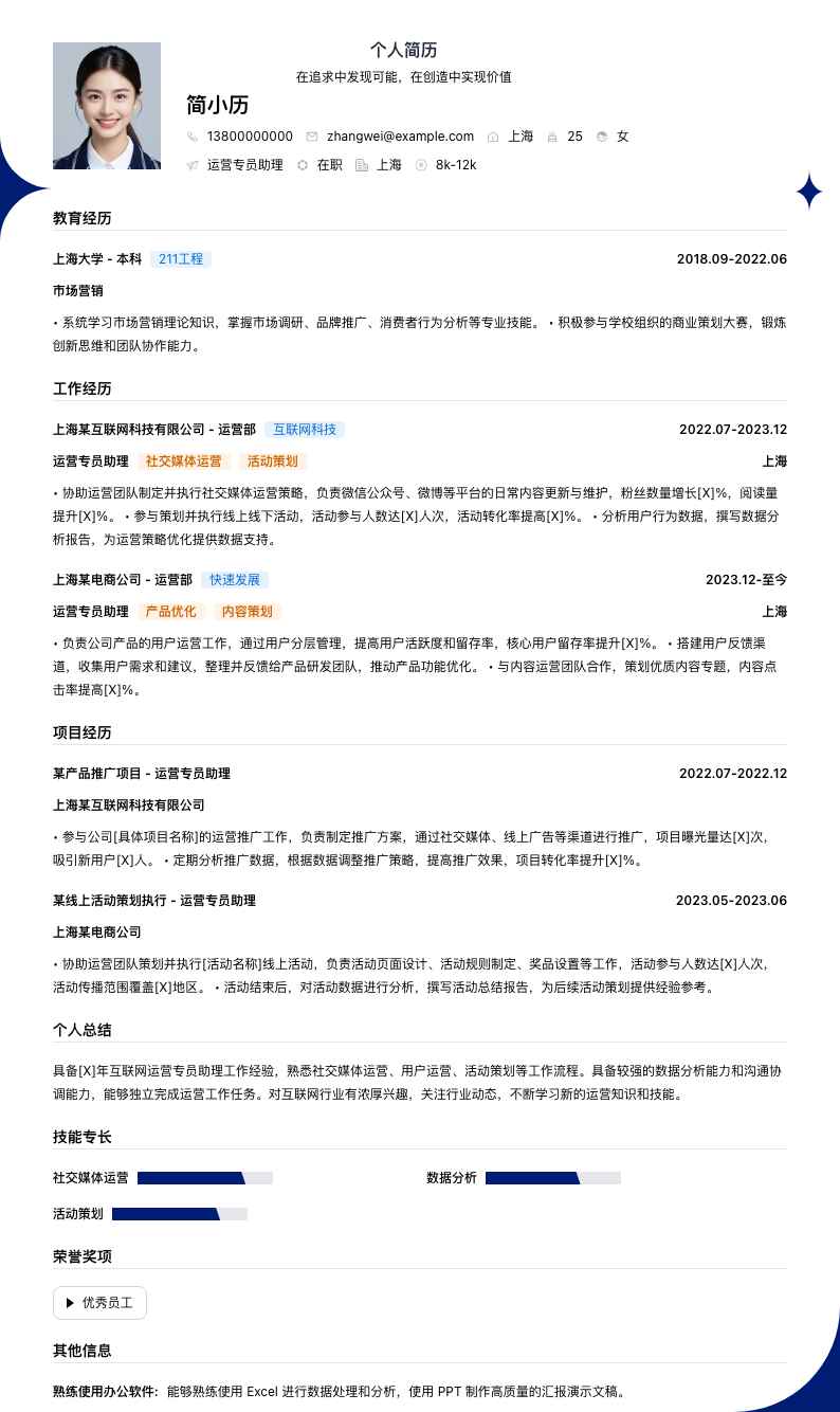 运营专员助理简历模板