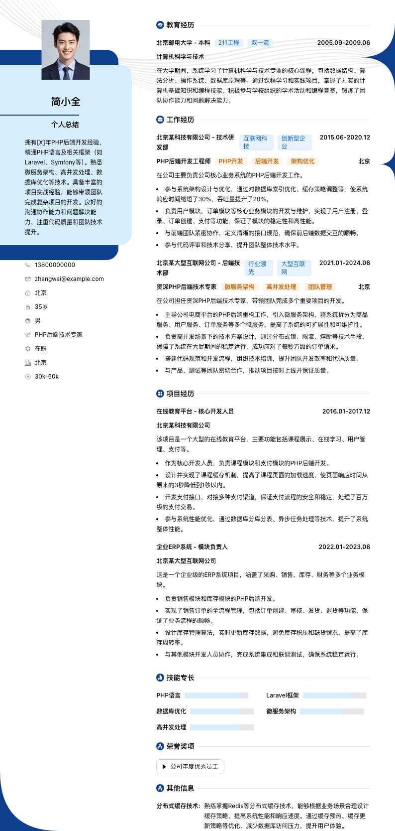 PHP后端技术专家简历模板