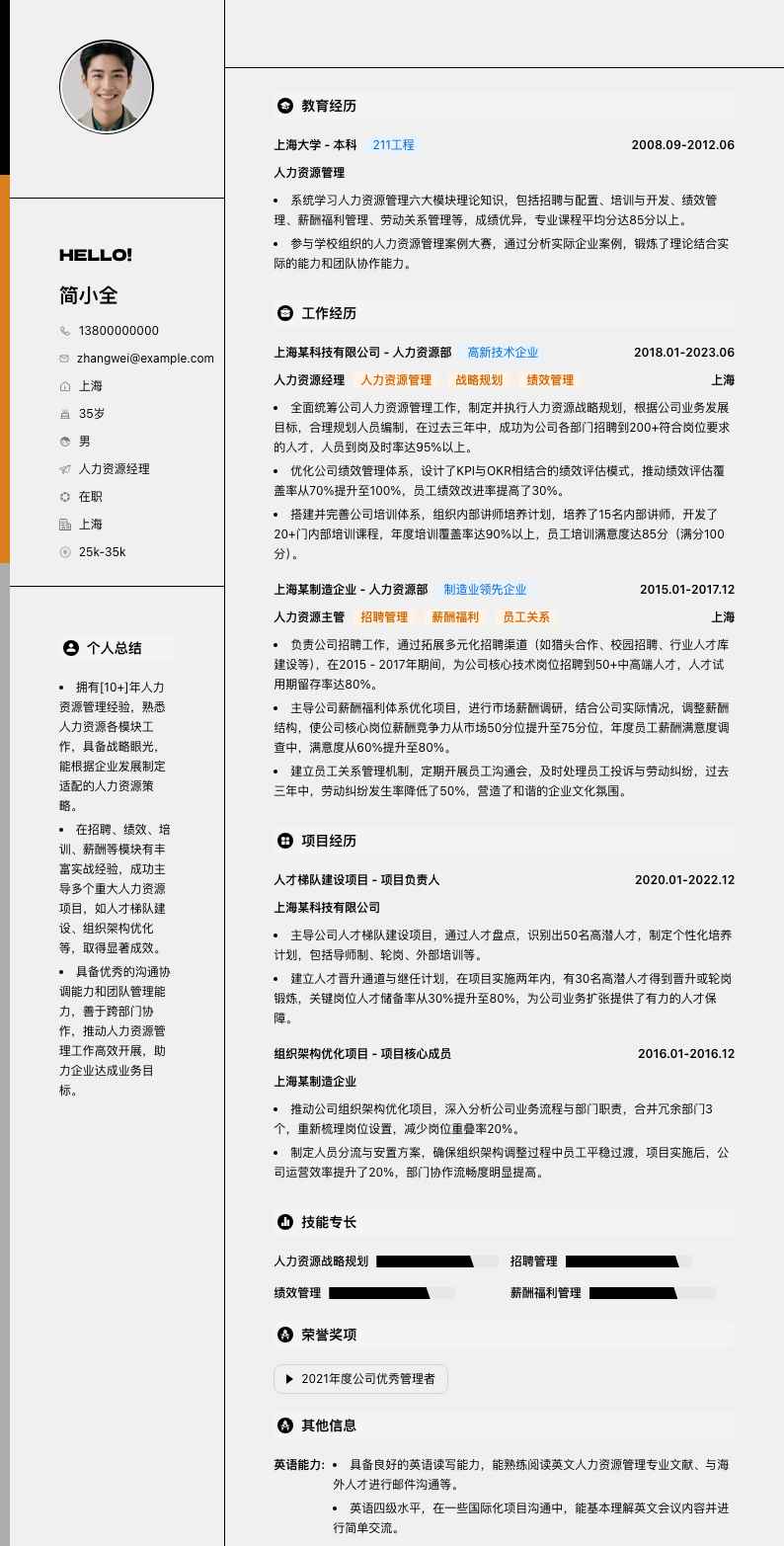 招聘人力资源经理简历模板