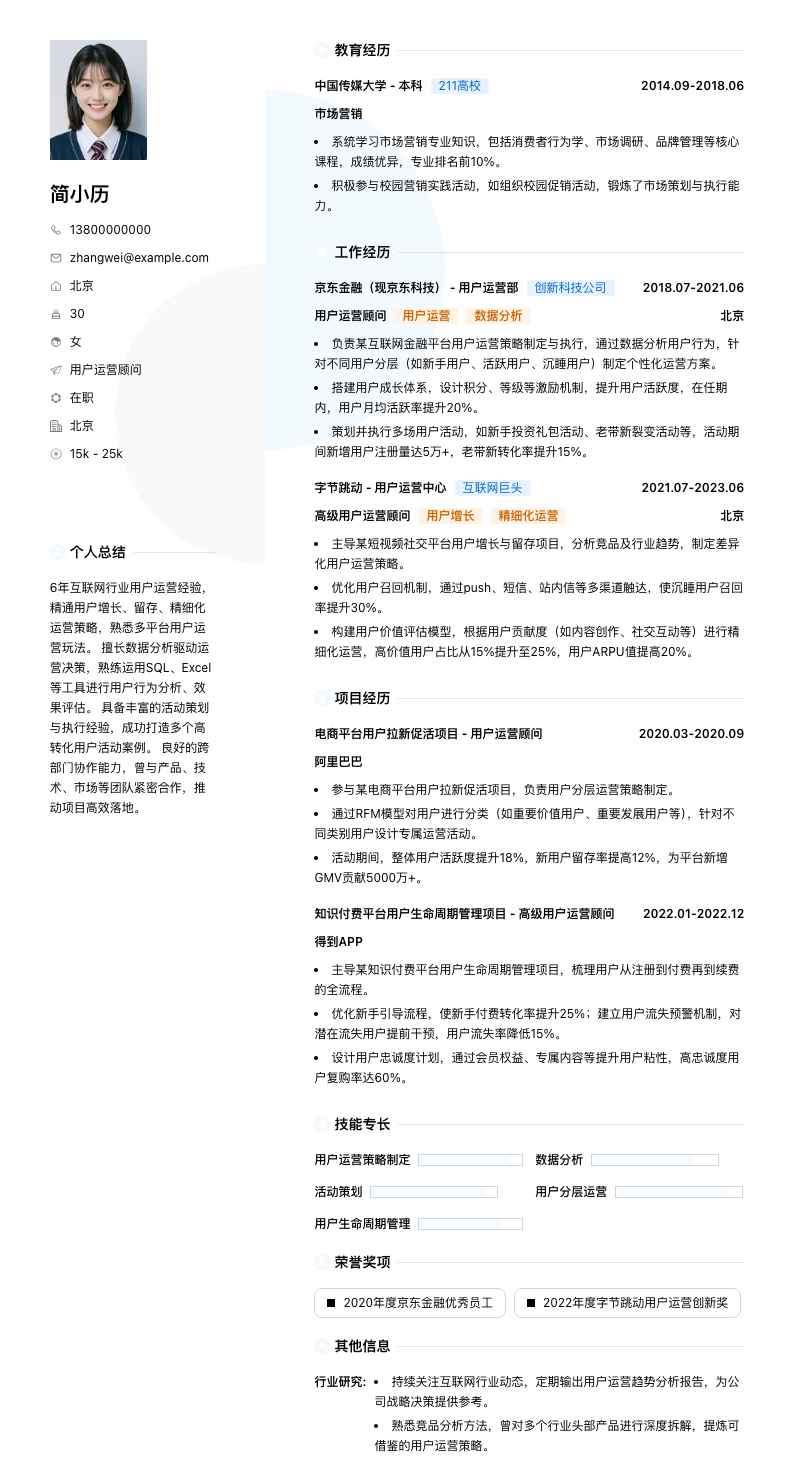 用户运营顾问简历模板