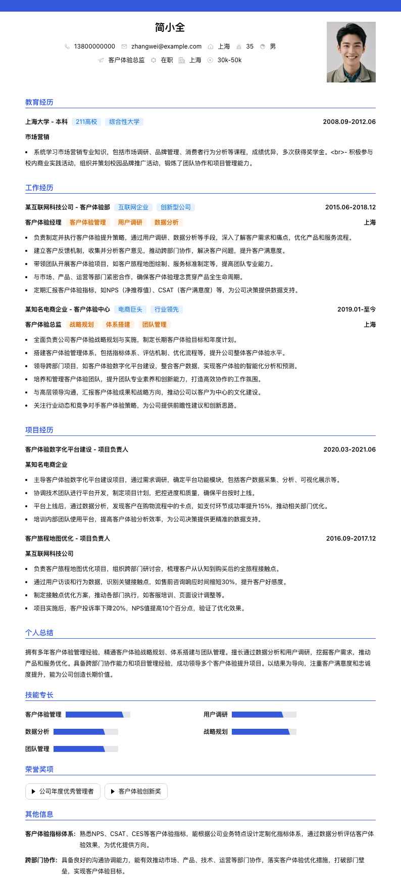 客户体验总监简历模板