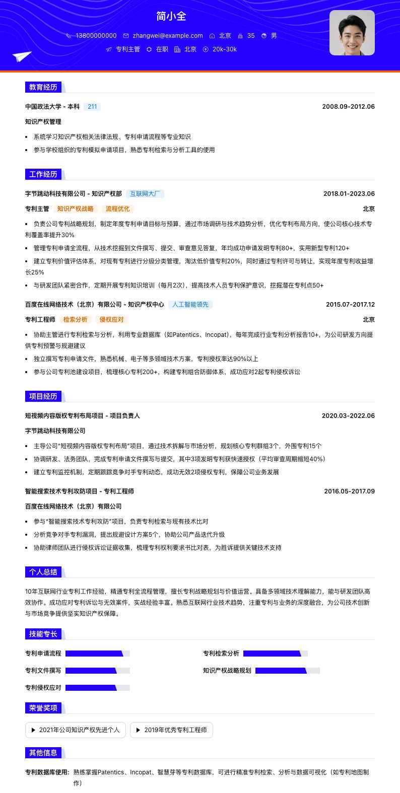 专利主管简历模板