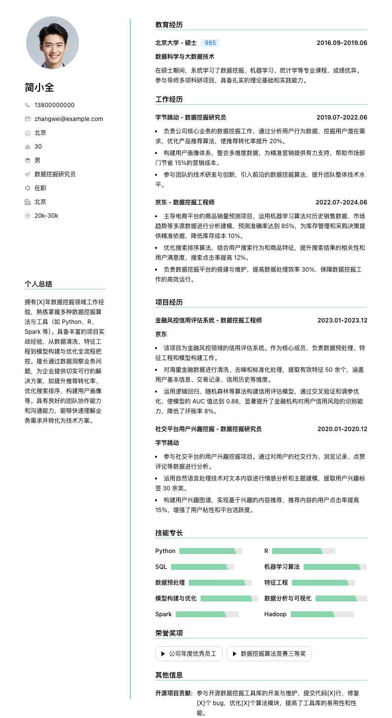 数据挖掘研究员简历模板