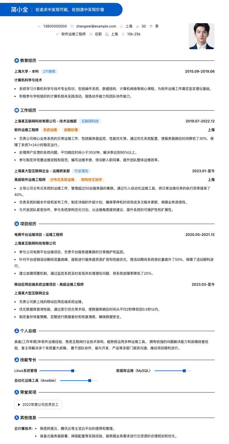 软件运维工程师简历模板