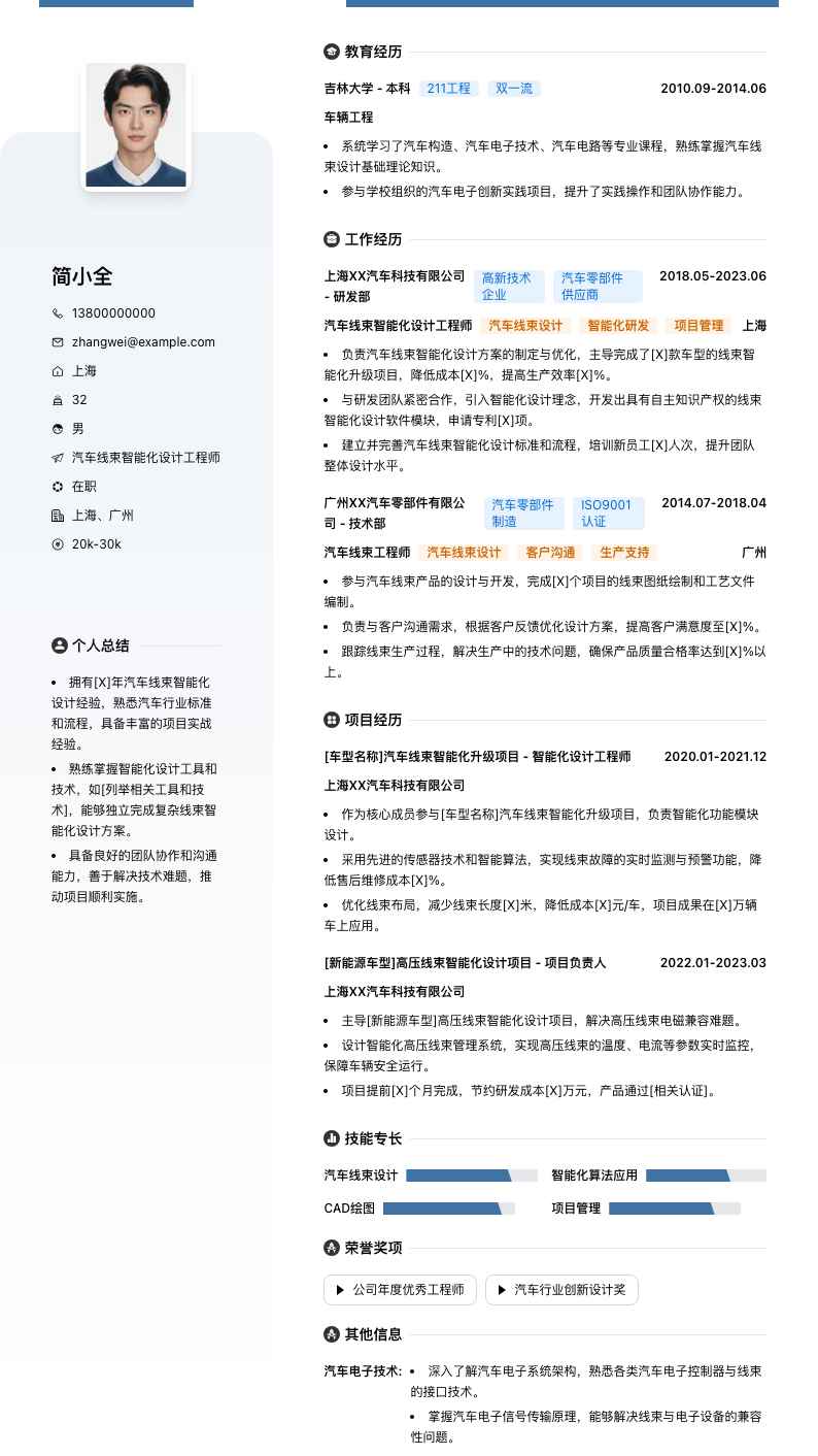 汽车线束智能化设计工程师简历模板