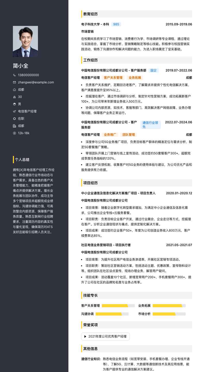 电信客户经理简历模板