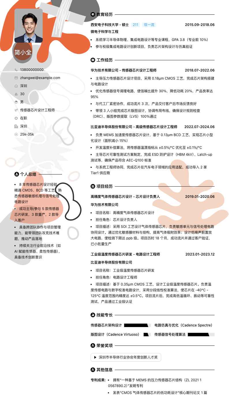 传感器芯片设计工程师简历模板