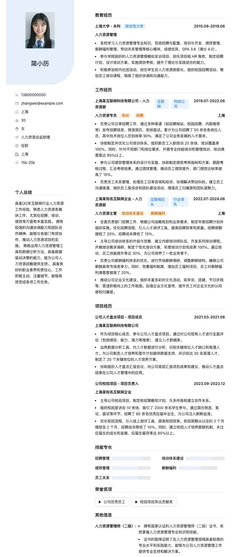 人力资源总监助理简历模板