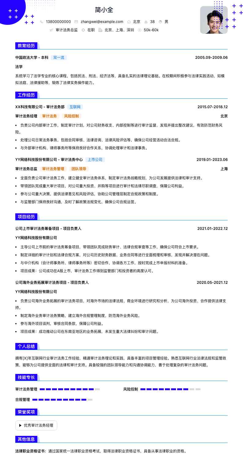 审计法务总监简历模板