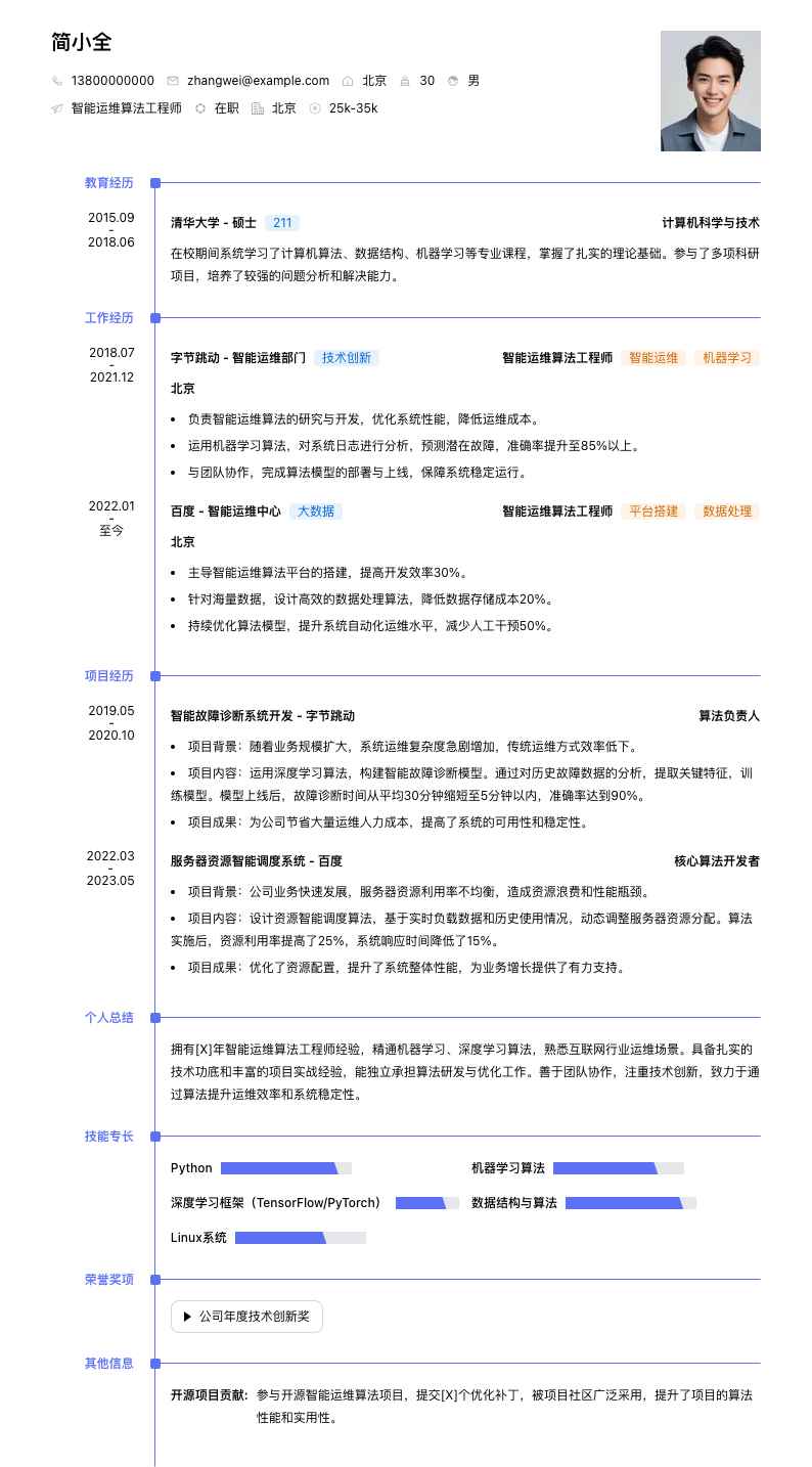 智能运维算法工程师简历模板
