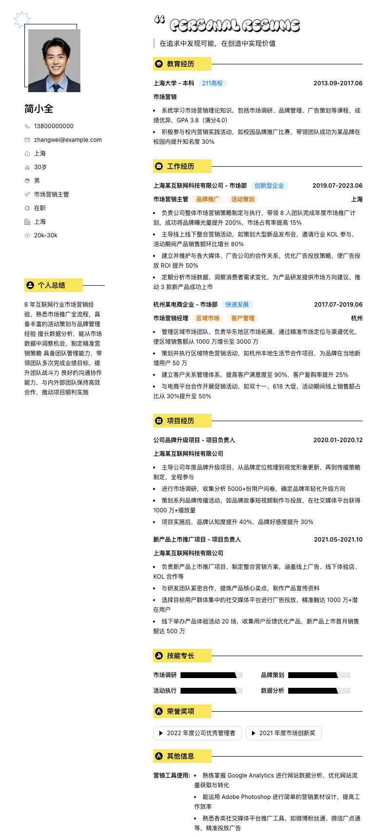 市场营销主管简历模板