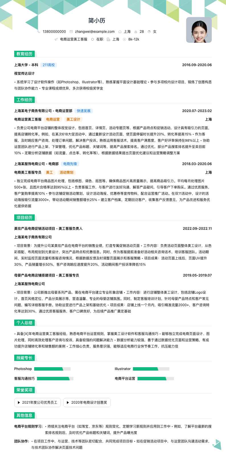 电商运营美工客服简历模板