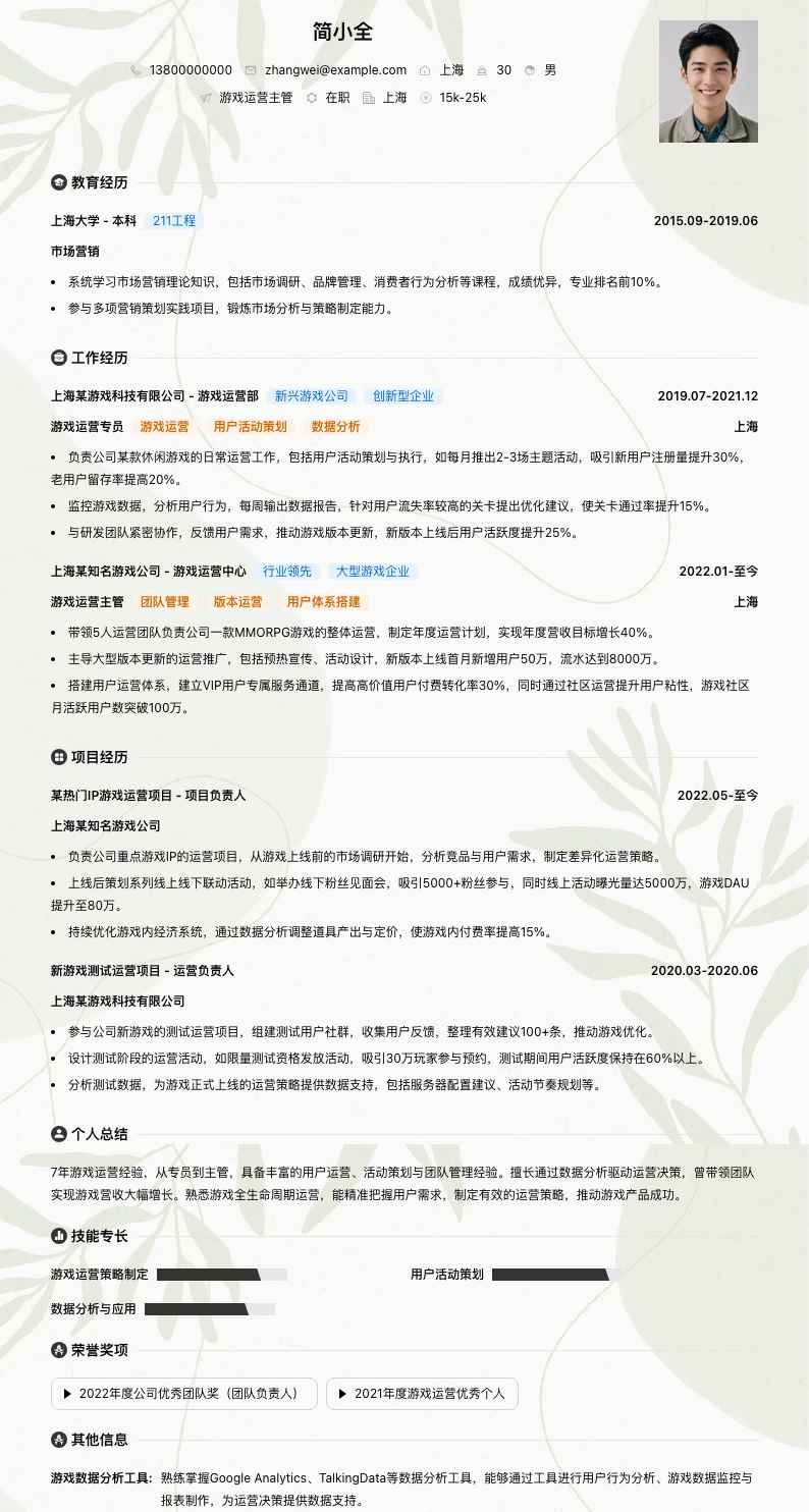 游戏运营主管简历模板