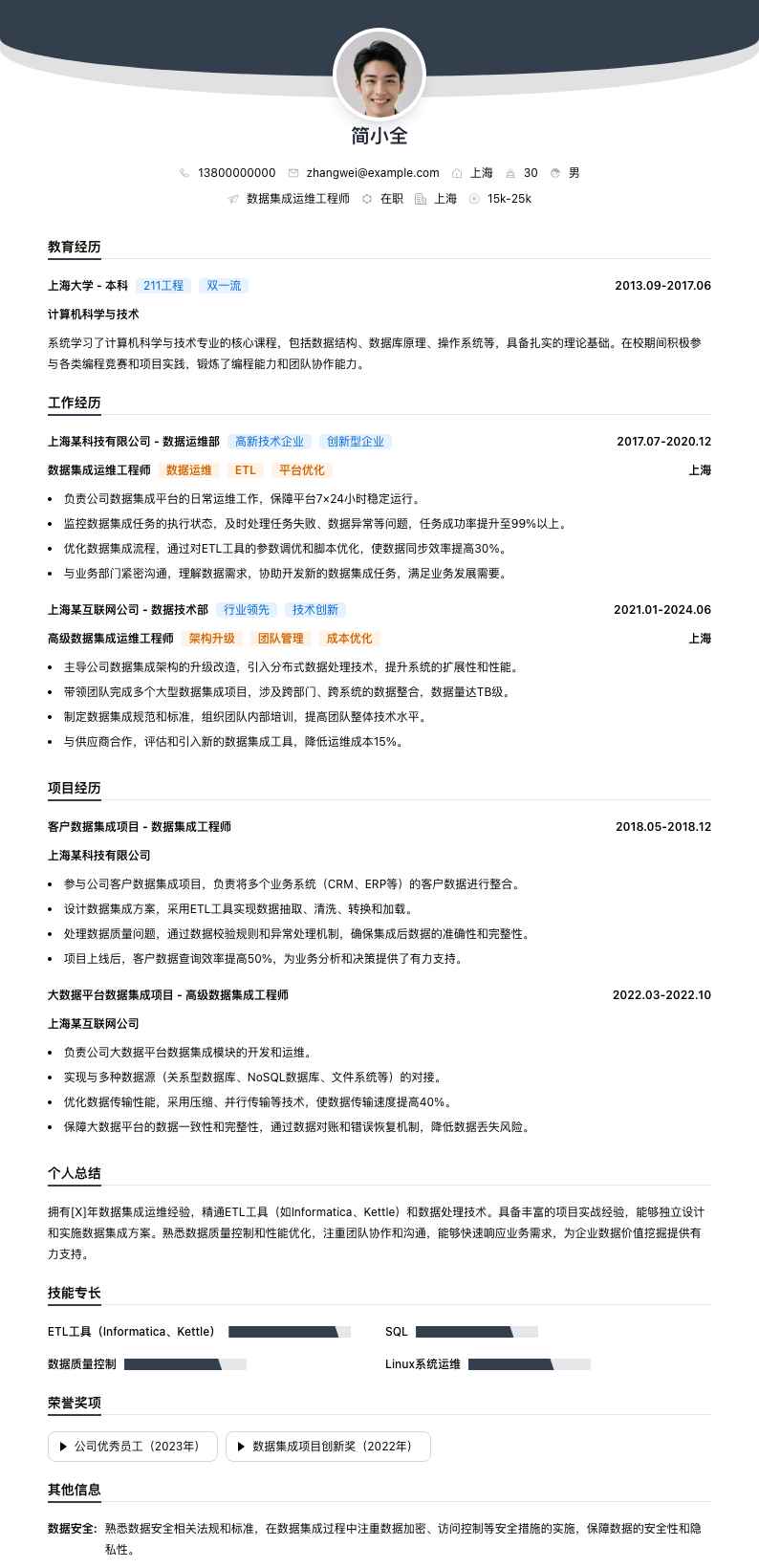 数据集成运维工程师简历模板