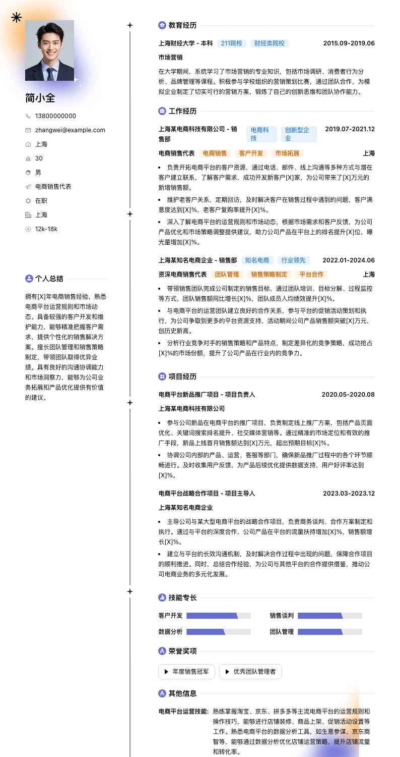 电商销售代表简历模板