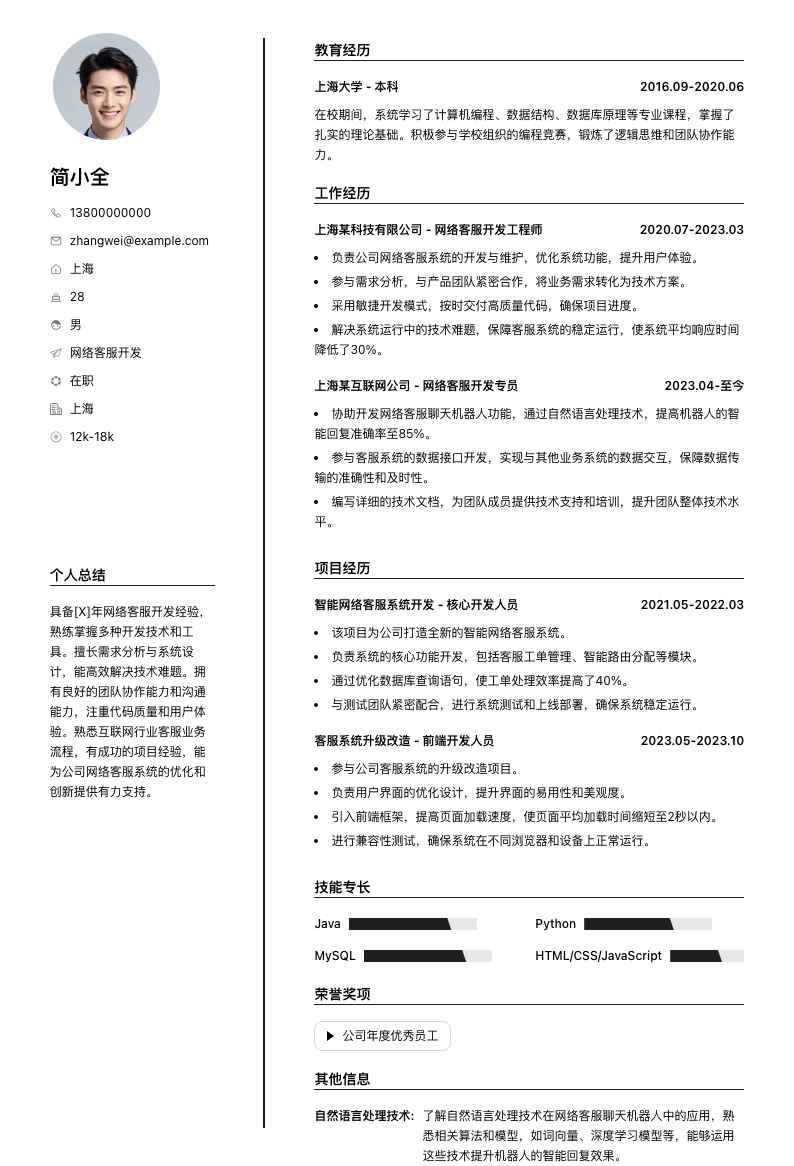 网络客服简历模板