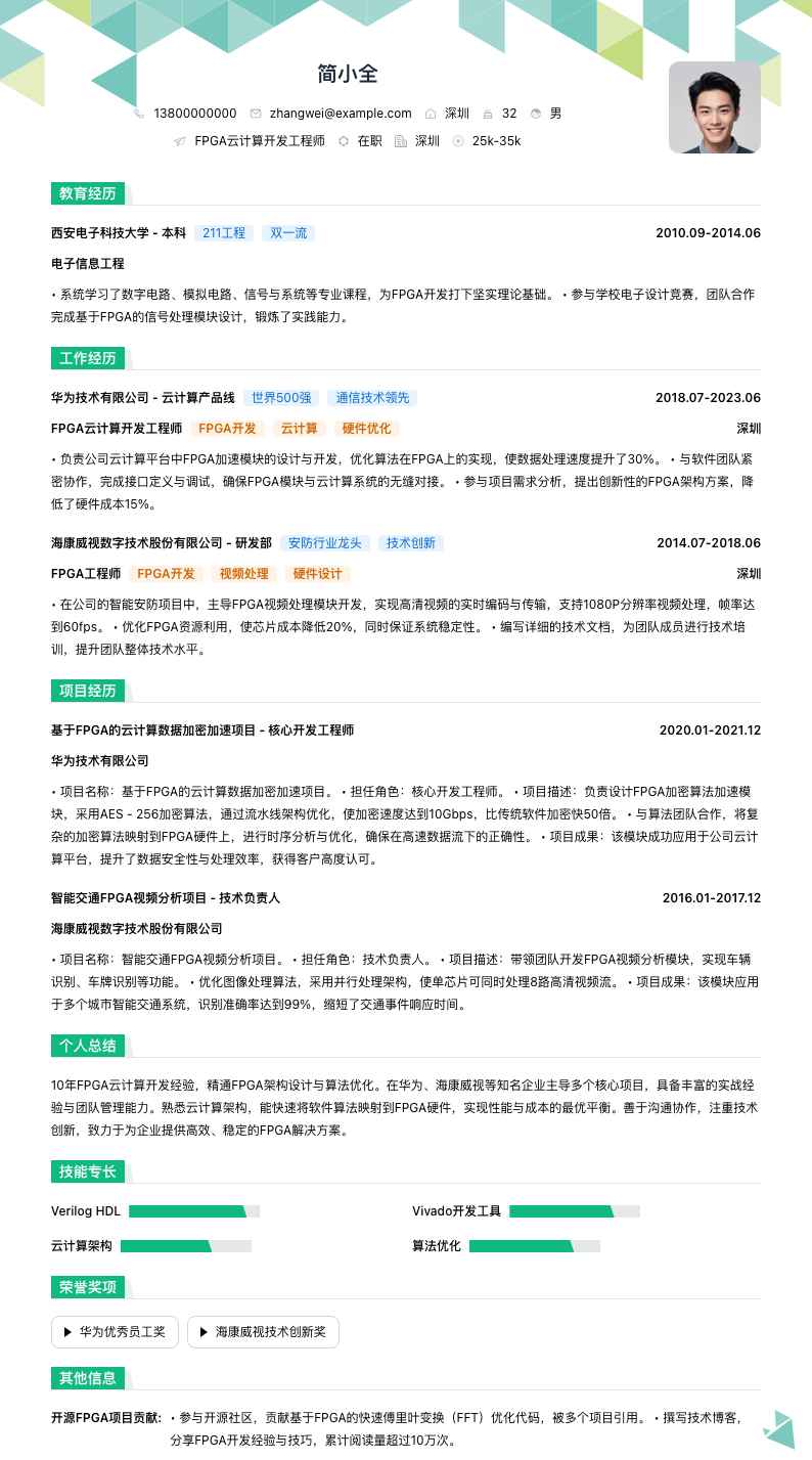 FPGA云计算开发工程师简历模板