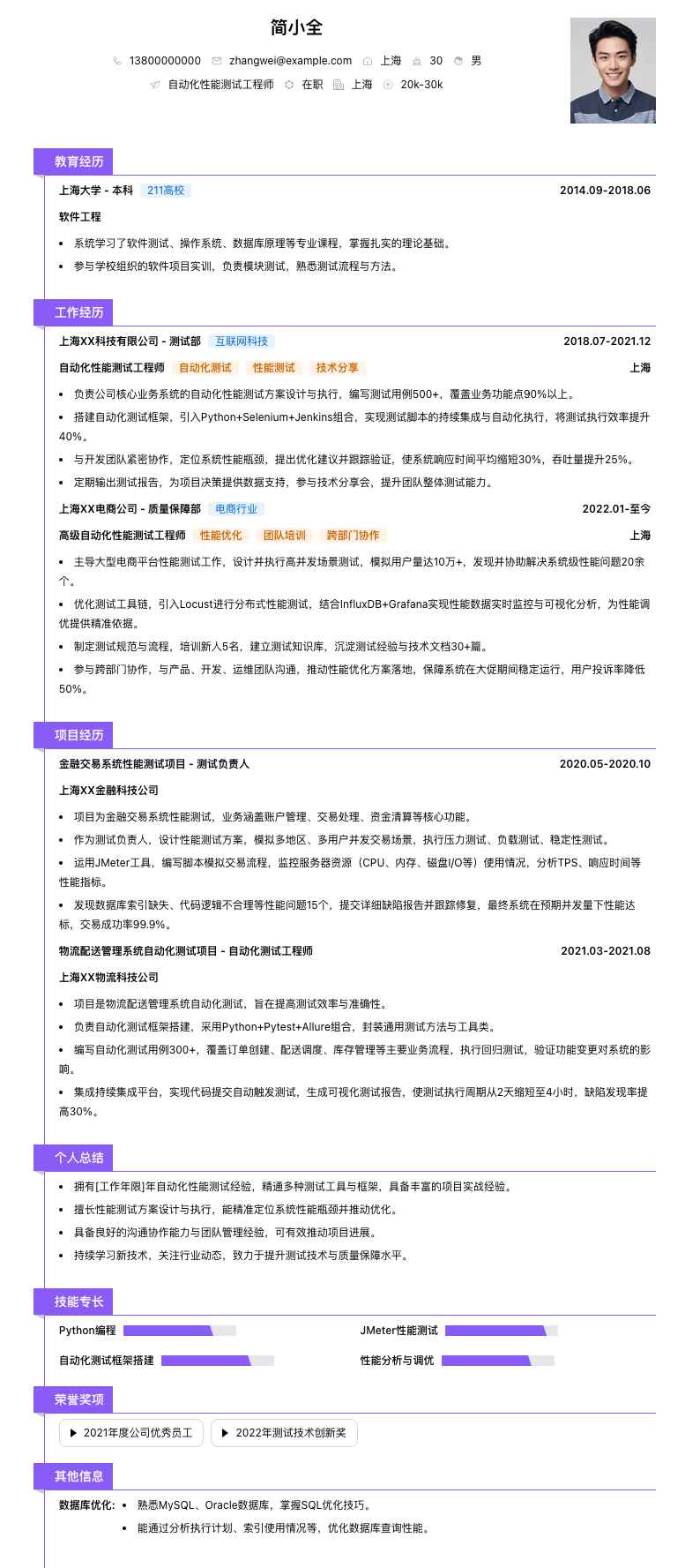 自动化性能测试工程师简历模板