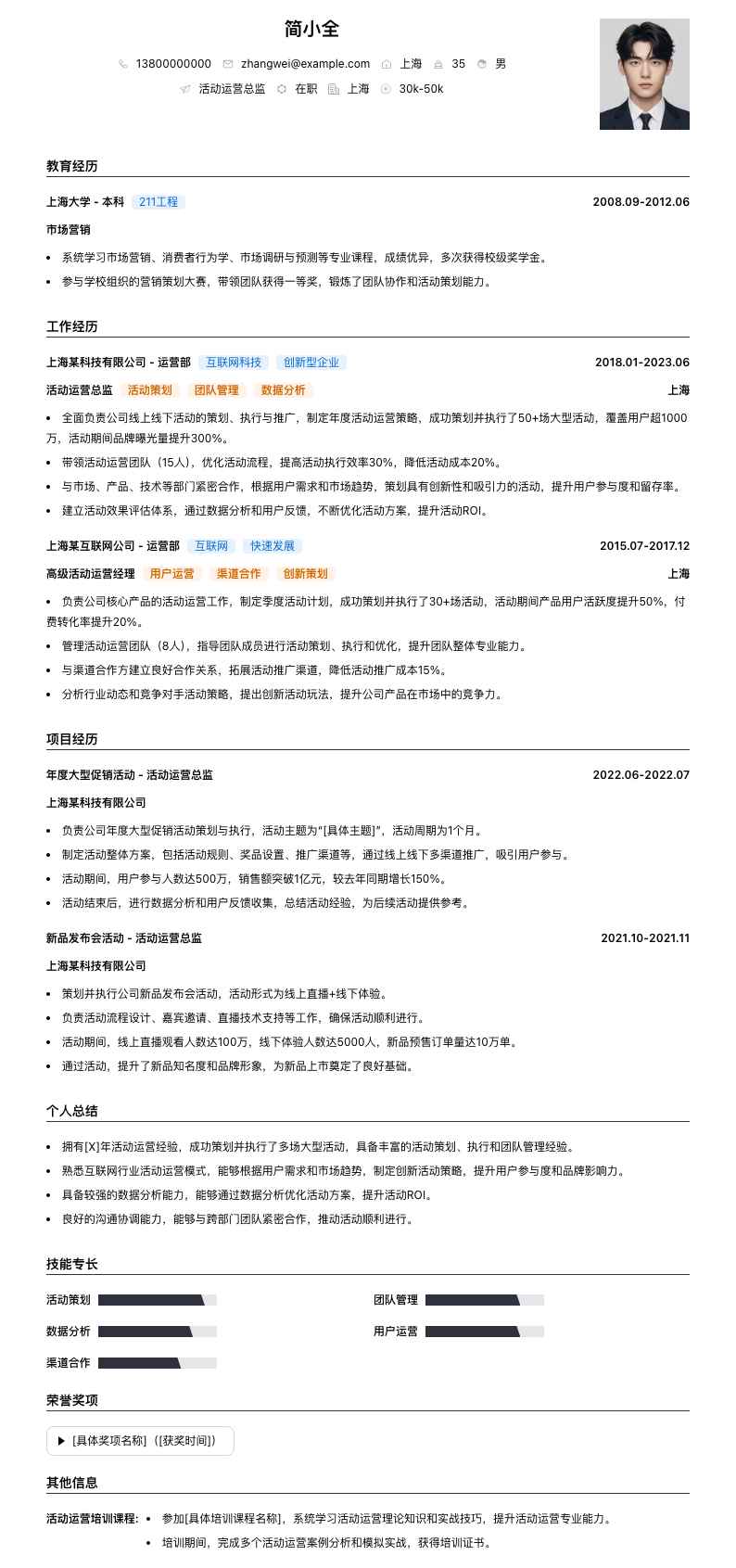 活动运营总监简历模板