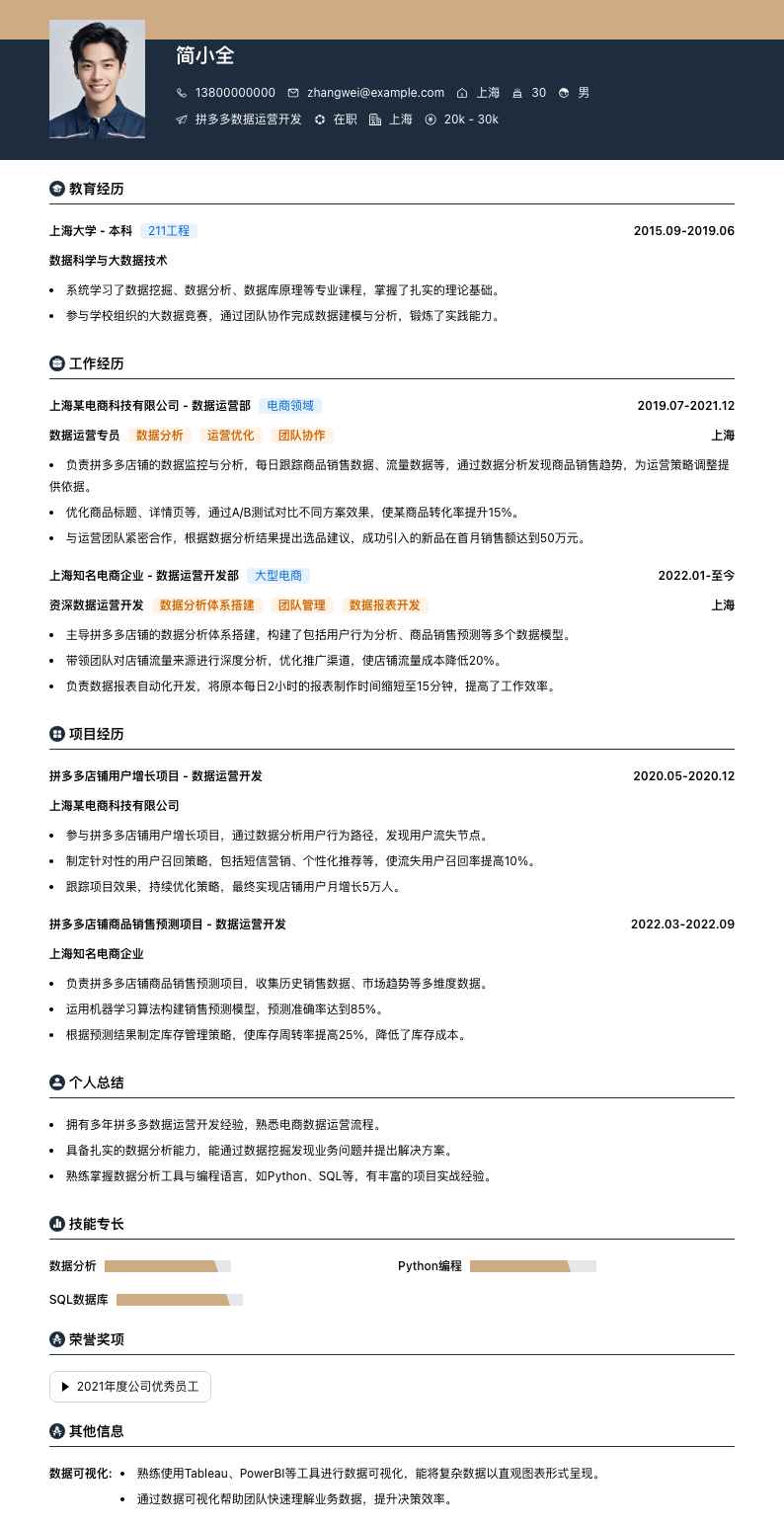 拼多多数据运营简历模板